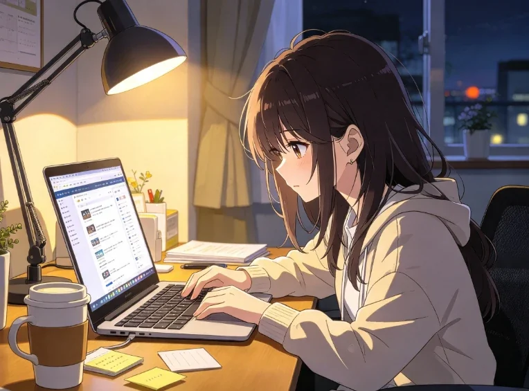 深夜对着笔记本电脑操作的女孩，配机场订阅导入