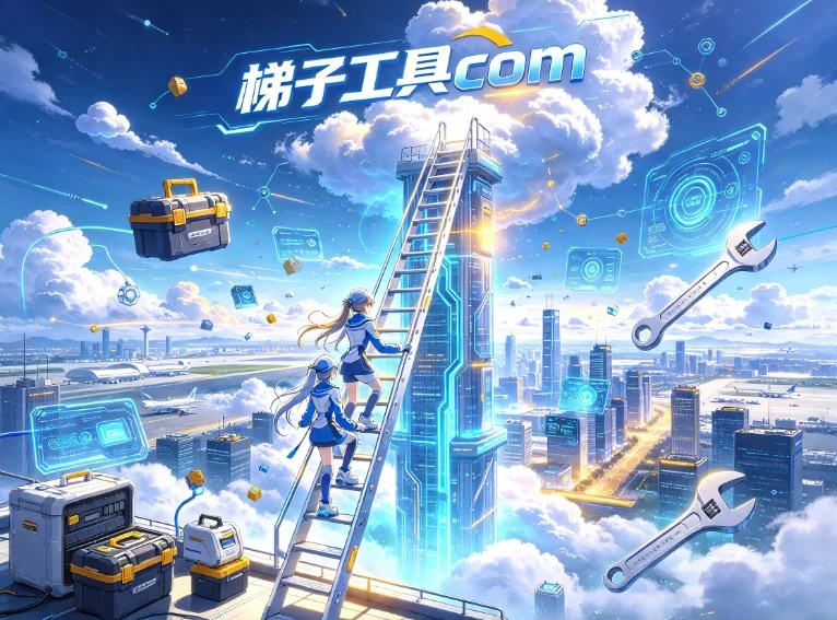 梯子工具首页横幅：蓝天云海里架着通往高楼的梯子，旁边放着工具箱