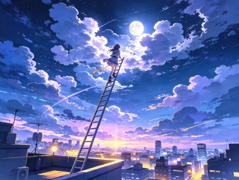 夜空下架向月亮的梯子，城市灯火在脚下